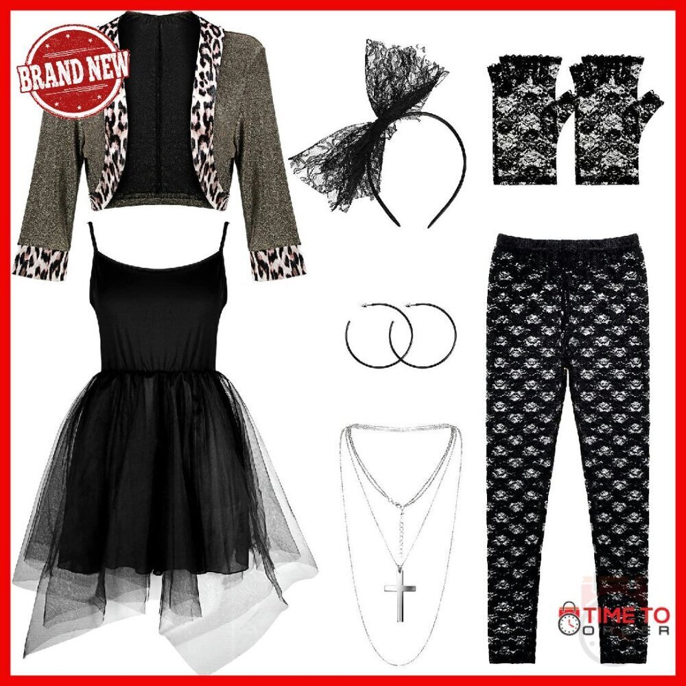 80s Costume Set 7-Piece Dress Jacket Leggings Accessories Vintage Party